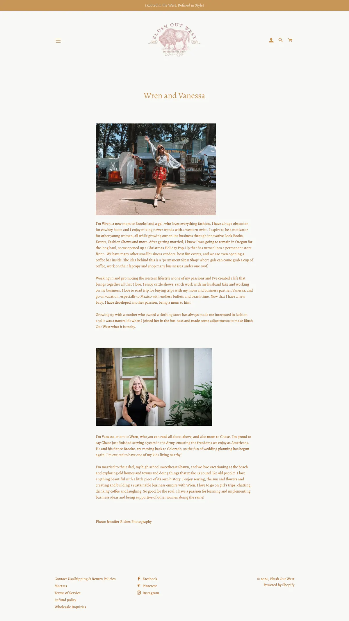 Meet Us page on desktop with the heading Wren and Vanessa and two long columns of text describing each owner's story, interests and the Oregon storefront