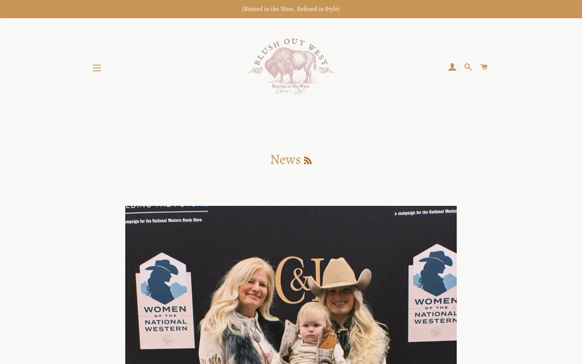 Blog page on desktop titled News with an RSS icon, showing a large photo of two women and a baby in western wear in front of a Women of the National Western banner