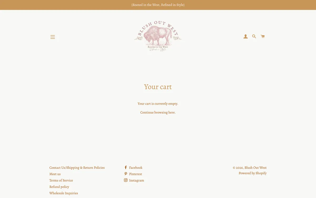 Empty cart page on desktop with the heading Your cart and the sentence Your cart is currently empty, continue browsing here
