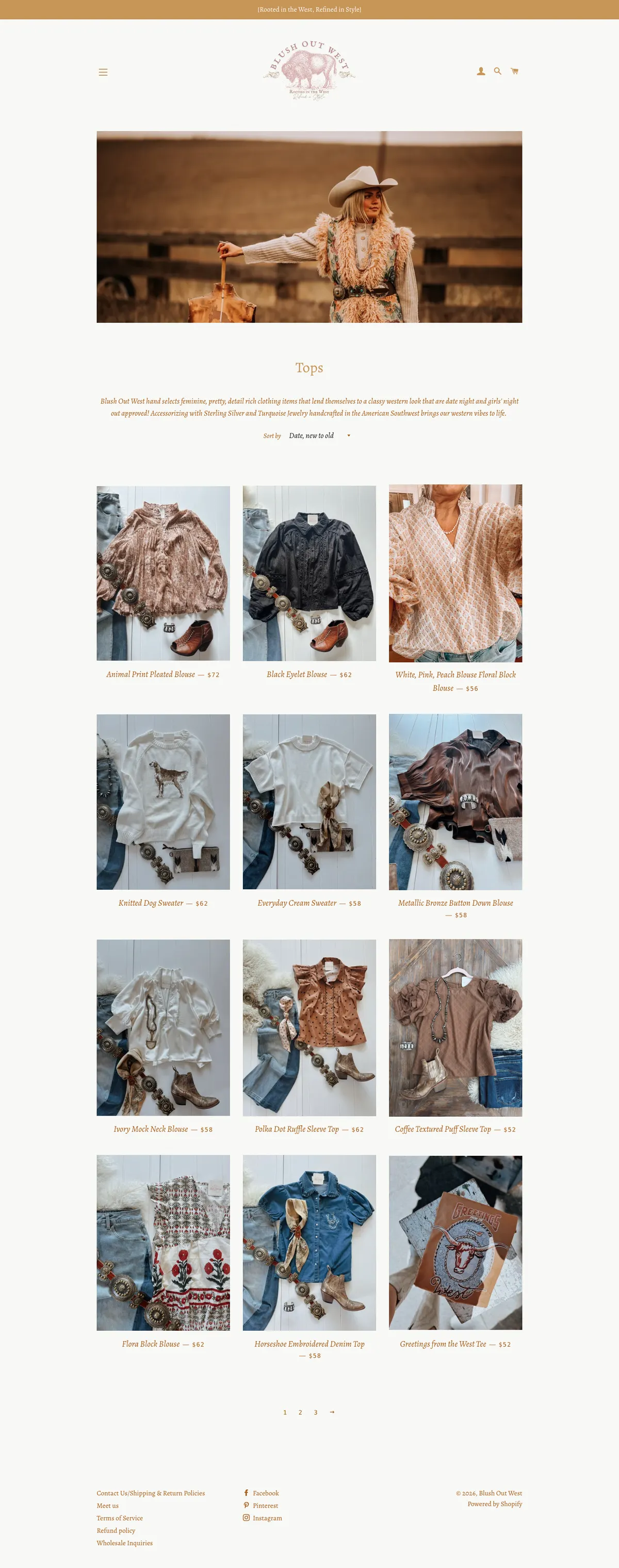 Full Tops collection page on desktop showing the banner photo, the title, a sort dropdown, a three-column grid of twelve blouse and top photos with names and prices, and pagination links