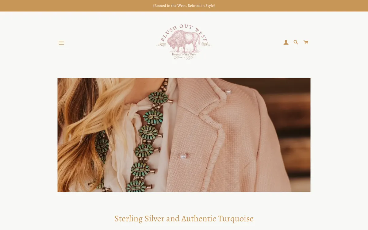 Sterling Silver and Authentic Turquoise collection page on desktop with a banner photo, the collection title, and a note that all sales on sterling silver and authentic turquoise are final