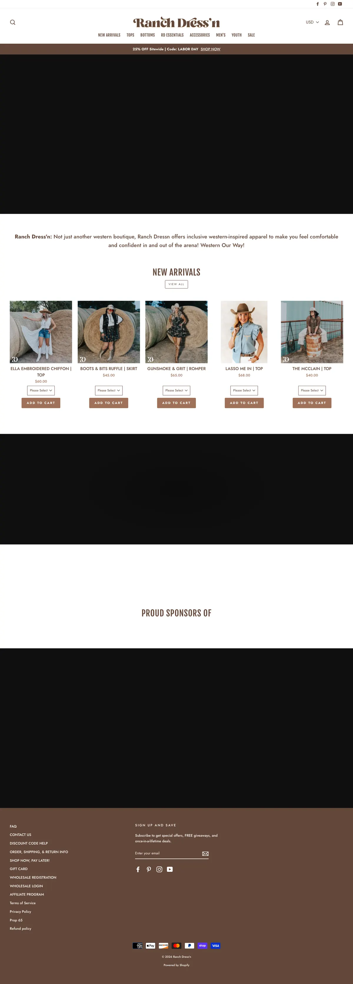 Ranch Dress'n homepage on desktop with social icons, a centred script logo, an eight-item category bar, a promo bar, a video hero area, a one-line brand statement, a New Arrivals row with size selectors and Add to Cart buttons, a sponsors section and a brown footer with a newsletter form and payment icons