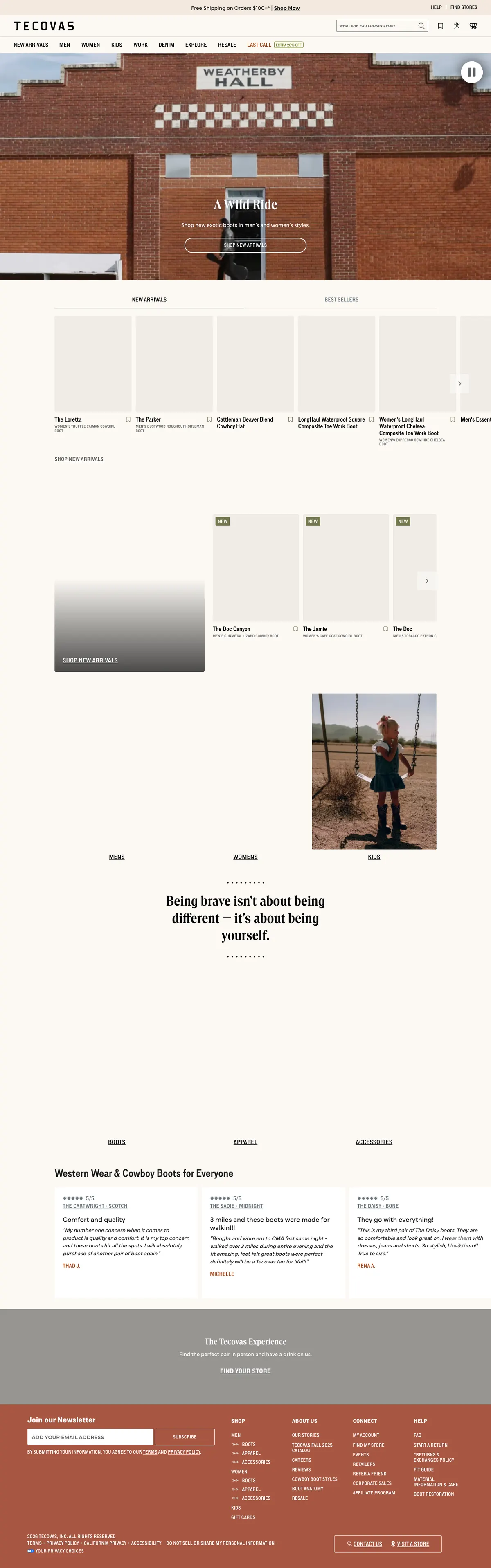 Tecovas homepage on desktop with a free shipping bar, a search field in the header, a category bar, a hero photo of a boot with the headline A Wild Ride and a Shop New Arrivals button, followed by New Arrivals and Best Sellers rows