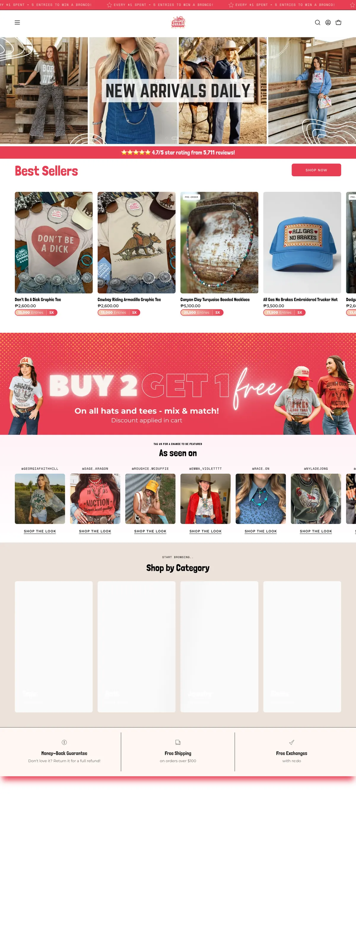 Wild Junkie homepage on desktop with a red ticker announcement bar, a menu icon, logo, search, account and cart, a four-photo hero with the headline New Arrivals Daily, a red bar reading 4.7 out of 5 star rating from 5,711 reviews, and a Best Sellers row with pre-order badges