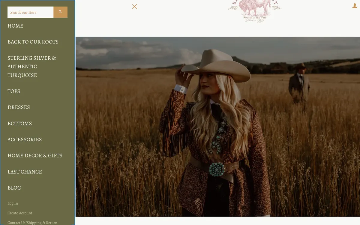 Blush Out West homepage with the olive-green navigation drawer open on the left, listing ten all-caps collection names beside a search field, while the page content is pushed to the right