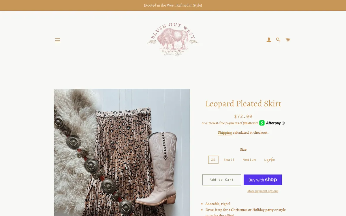 Product page for the Leopard Pleated Skirt on desktop, where the tall header pushes the product photo and title into the lower half of the screen
