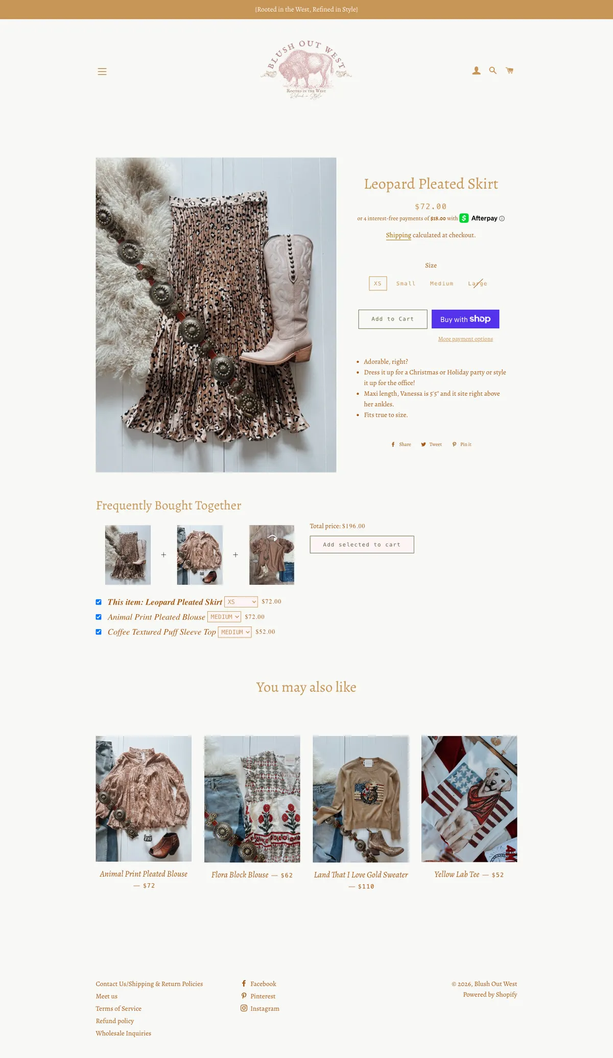 Full desktop product page for the Leopard Pleated Skirt showing four styled flat-lay photos on the left, the buy box and bullet-point description on the right, social share links, and a You may also like row of four products