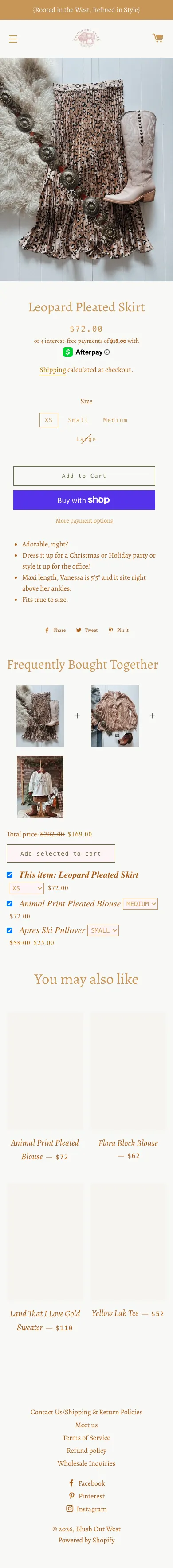 Full mobile product page for the Leopard Pleated Skirt showing the product photo, a serif title, a monospaced price, size options and an outlined Add to Cart button, followed by bullet-point description text and a You may also like grid