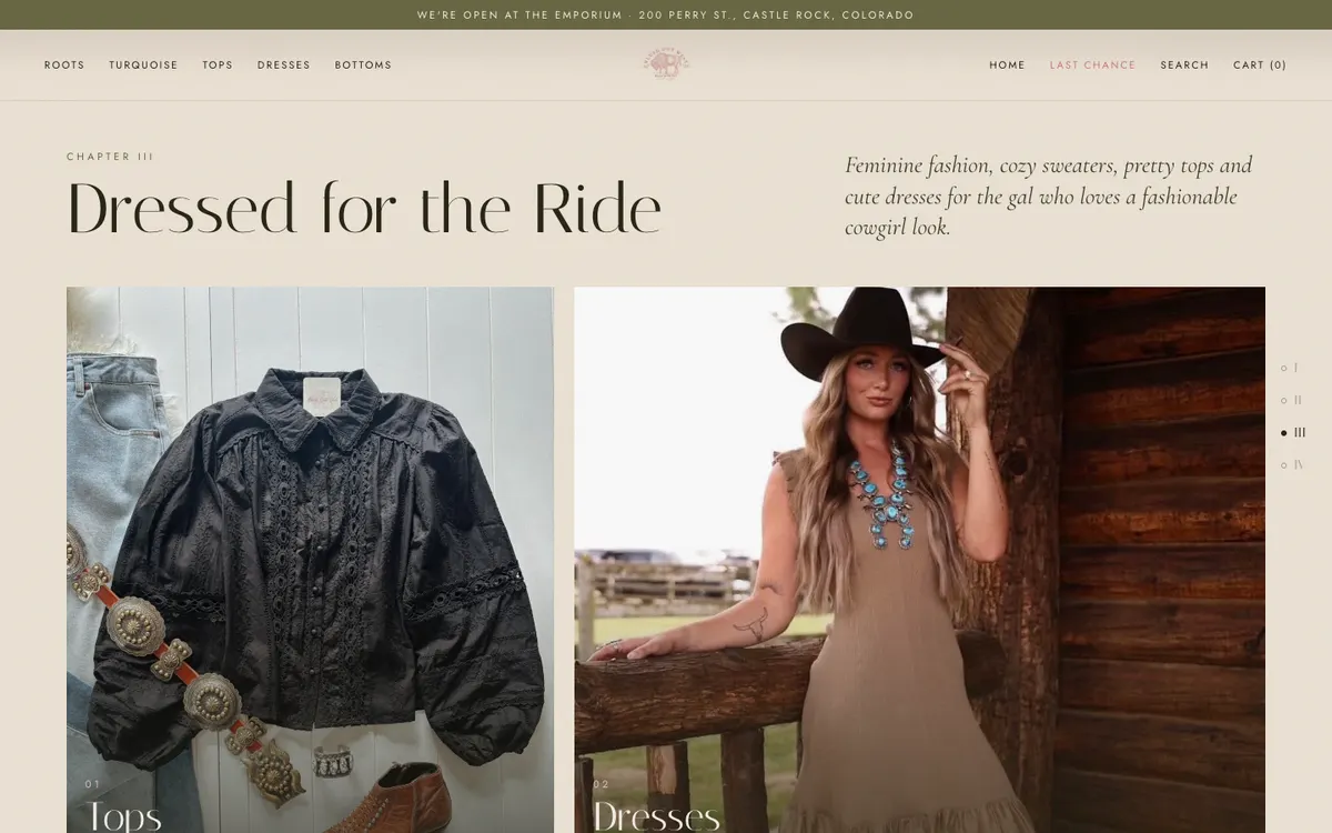 A grid of category tiles on the concept homepage, showing Tops over a black eyelet blouse and Dresses over a woman in a taupe dress wearing turquoise