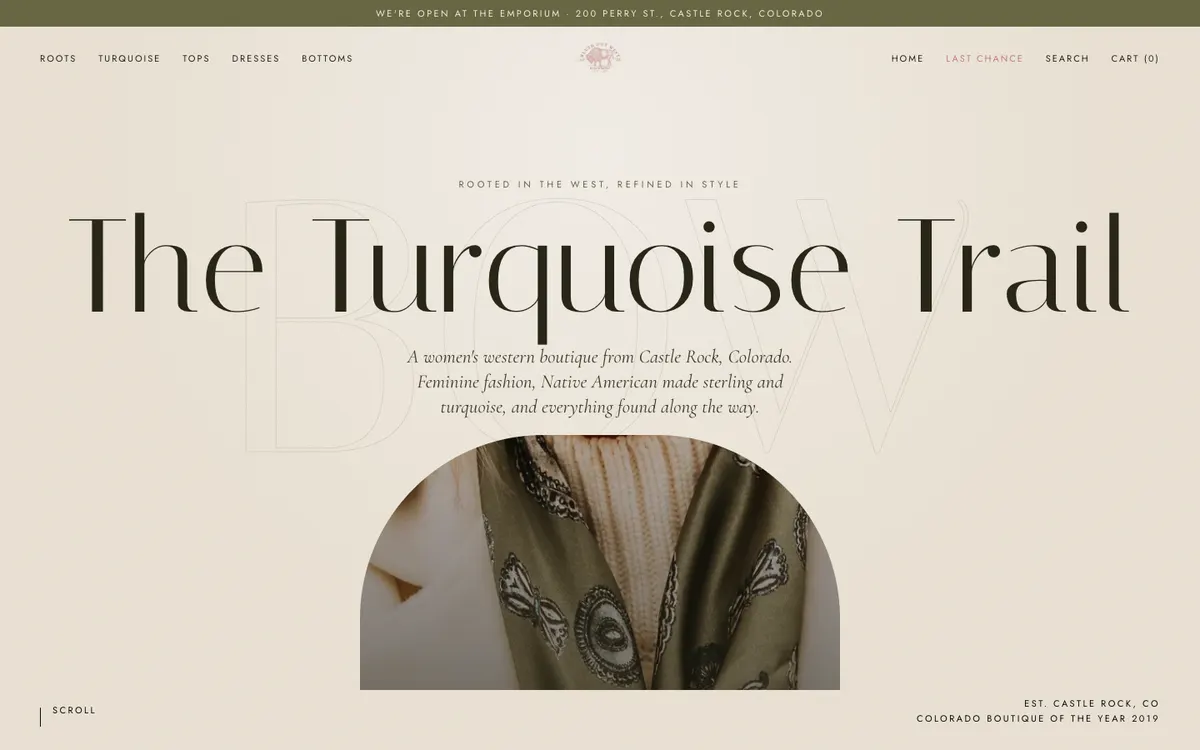The concept homepage on desktop: a slim header with nine category links, the headline The Turquoise Trail, a line of positioning copy, and an arched crop of a woman in a cream fringe jacket