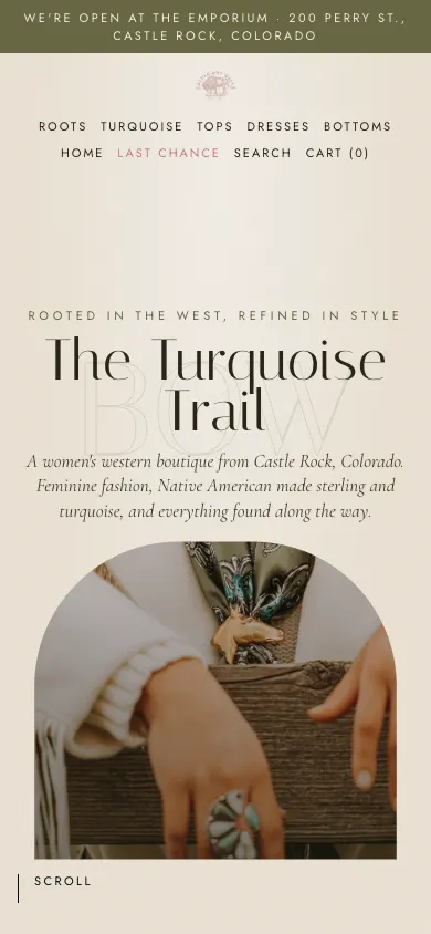 The concept homepage on a phone: the announcement bar, two rows of category links, the headline The Turquoise Trail and the arched photograph beneath it