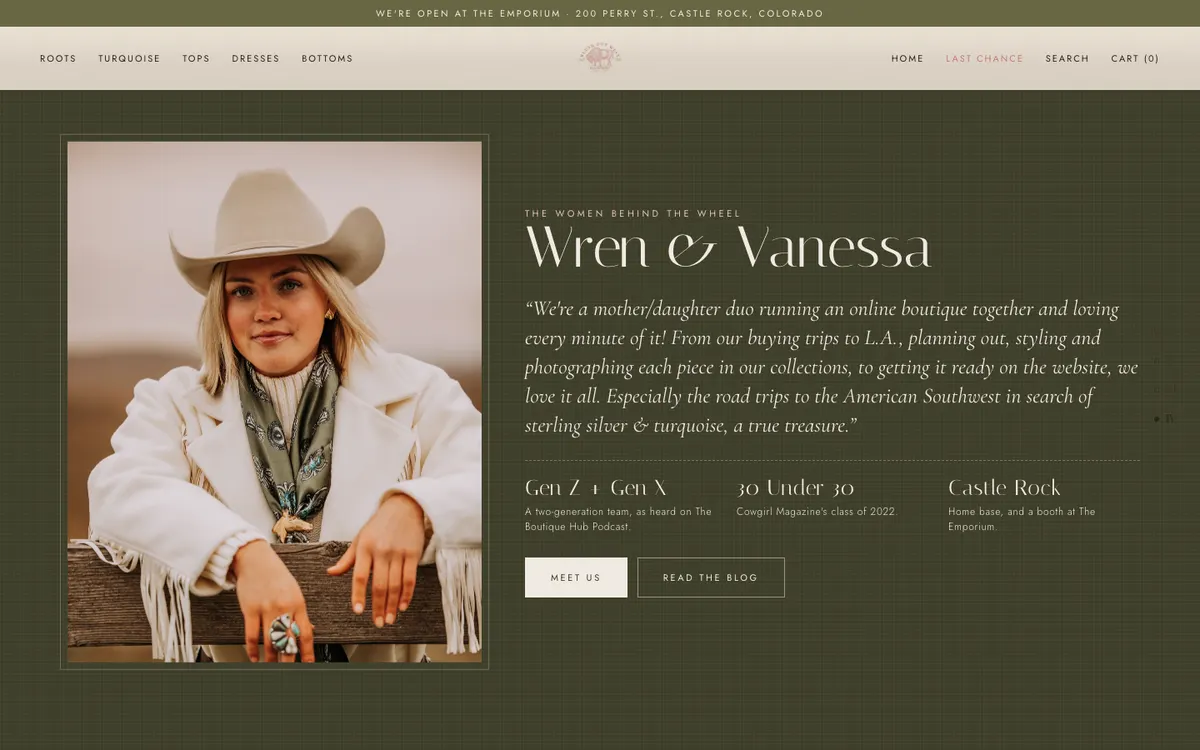 A section of the concept with a portrait of a woman in a cowboy hat and cream fringe jacket beside the heading Wren and Vanessa, a quote, and three facts about the business