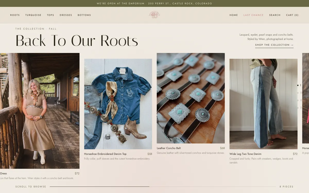 A horizontal row of product cards on the concept homepage showing a denim top, a concho belt, two-tone denim and a neck tie, each with a name, price and short description