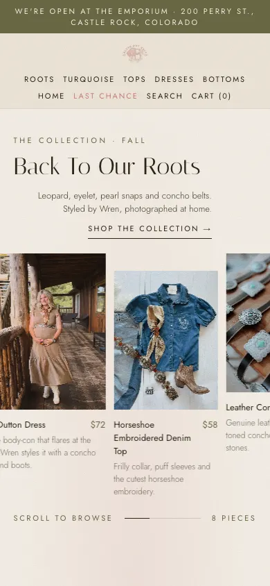 The product rail on a phone showing The Dutton Dress and the Horseshoe Embroidered Denim Top with prices and descriptions