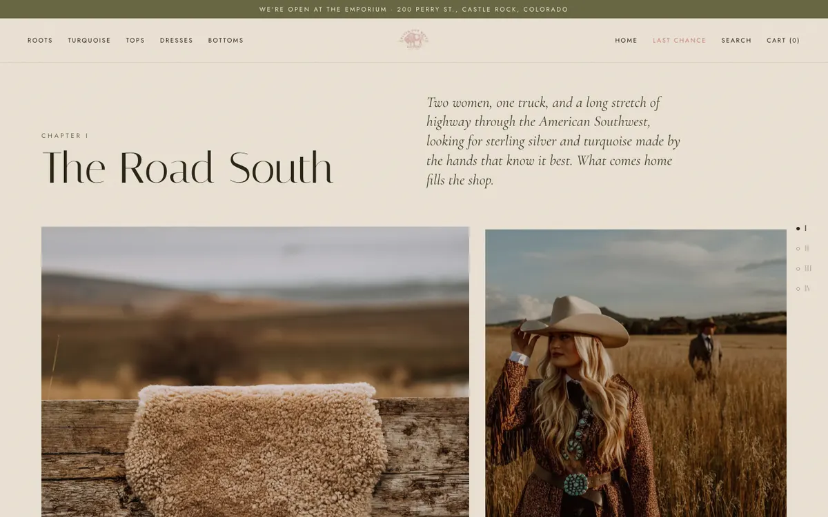Chapter one of the concept: the heading The Road South beside an italic paragraph, above two large photographs of a sheepskin rug on a fence and a woman with a pony