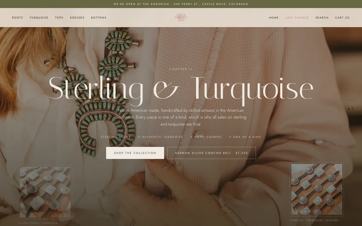 A full-screen scene showing a turquoise squash blossom necklace, with the heading Sterling and Turquoise, a paragraph about Native American made pieces, and two buttons