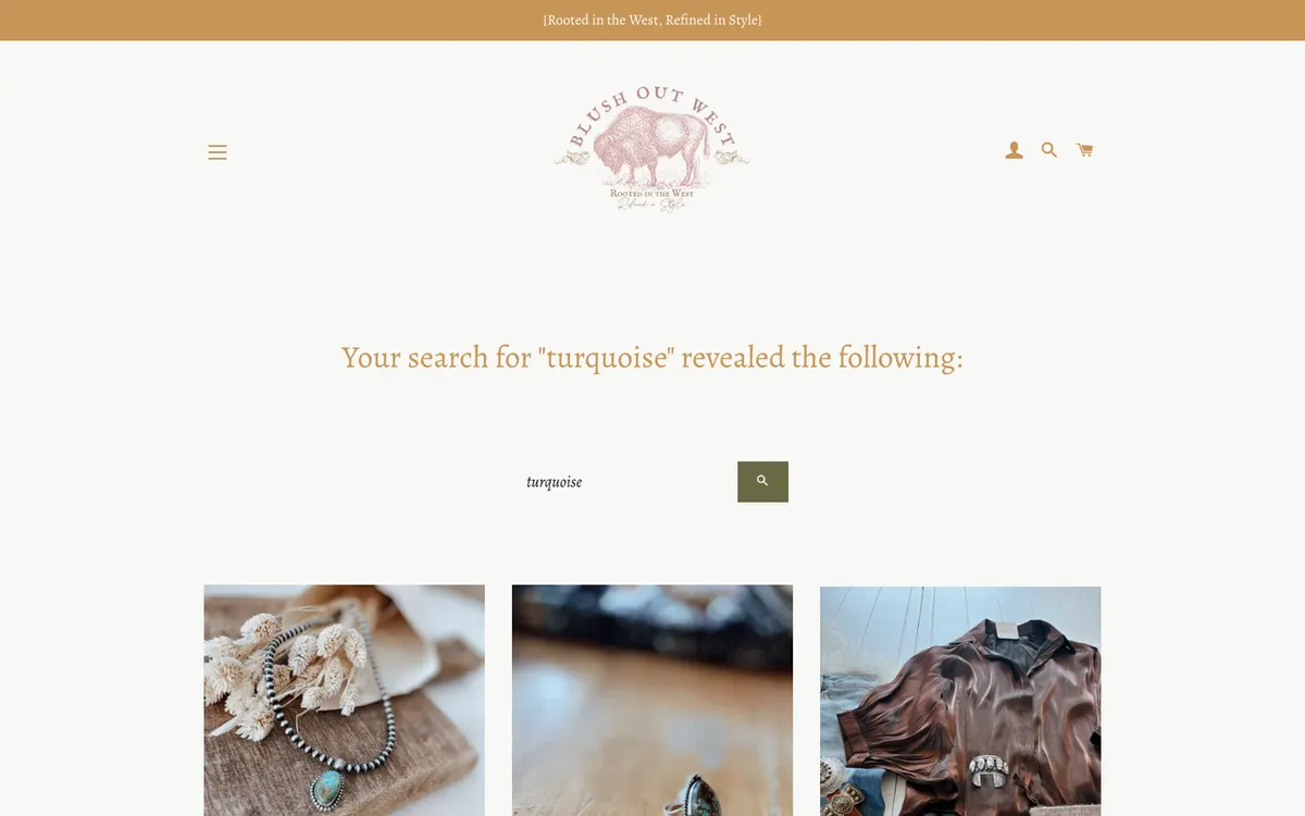 Search results page on desktop with the heading Your search for turquoise revealed the following, a search field, and three product photos of turquoise jewelry and a brown blouse